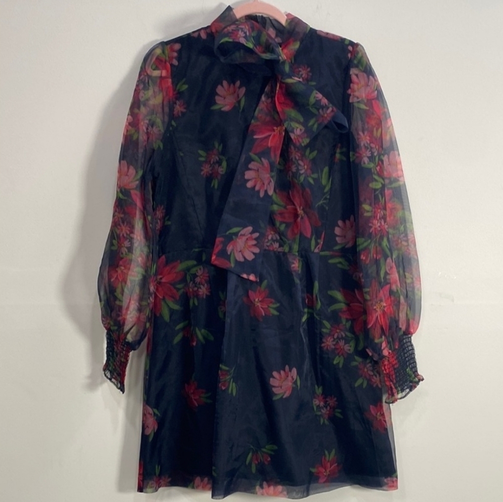 Rachell Parcell Women's Black Floral Tie Neck Organza Floral Mini Dress - Picture 2 of 8